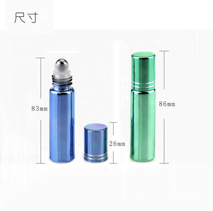 Luxury light colorful electroplate Tincture Bottle 10ml essential oil perfume glass bottle stainless steel roller aluminum cap