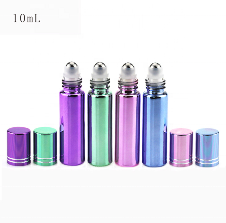 Luxury light colorful electroplate Tincture Bottle 10ml essential oil perfume glass bottle stainless steel roller aluminum cap