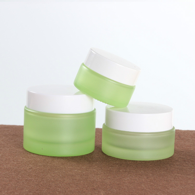 Luxury make up set frosted green frosted cosmetic glass bottle and jar pump bottle for lotion serum cream