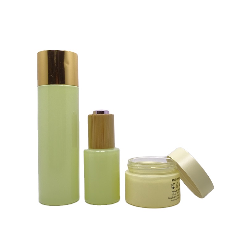 Luxury make up set frosted green frosted cosmetic glass bottle and jar pump bottle lotion serum cream