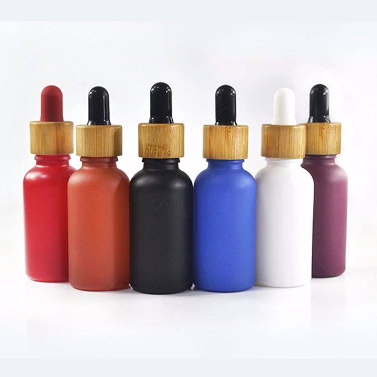 Luxury matte clear black color cosmetic bottle bamboo lid glass dropper bottle