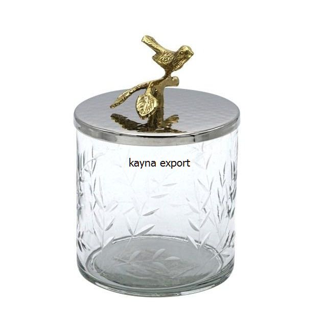 Luxury metal nickel plated canister with gold bird at top storage container for cookies