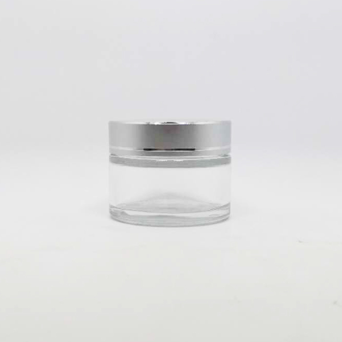 Luxury packaging 50ml clear cosmetic glass cream jar with silver caps