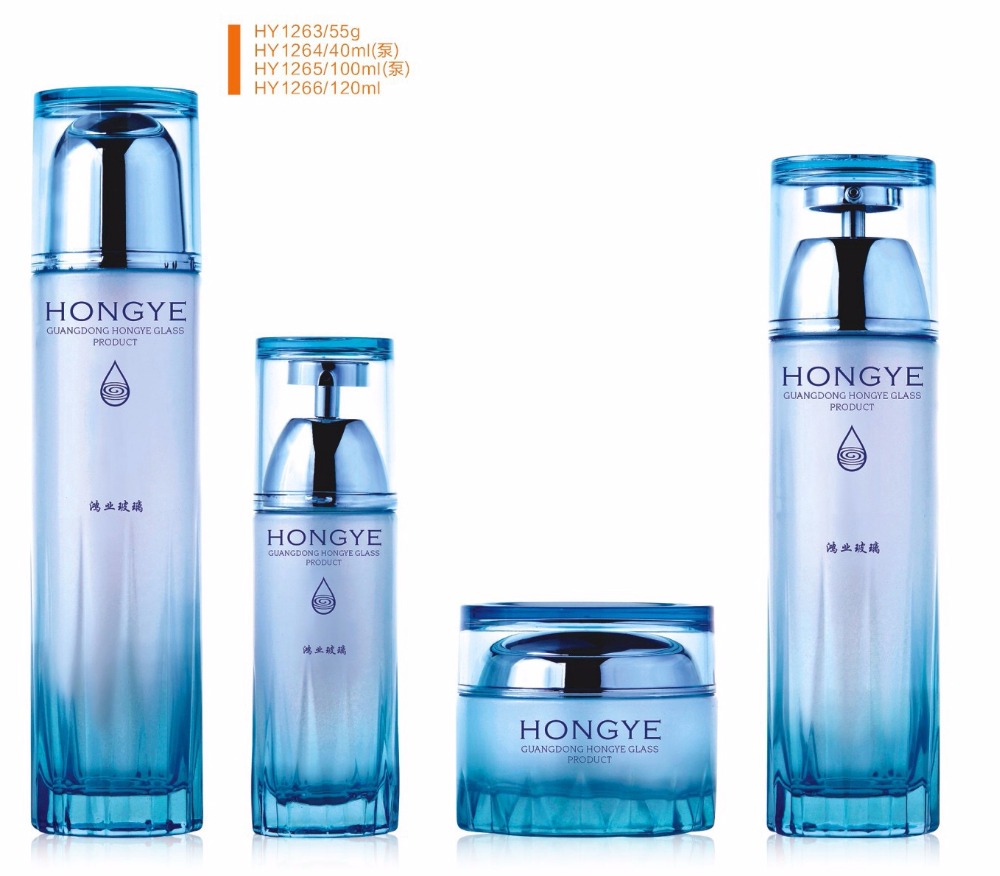 Luxury packaging blue color empty cosmetic sets spray glass bottle with pump HY1263