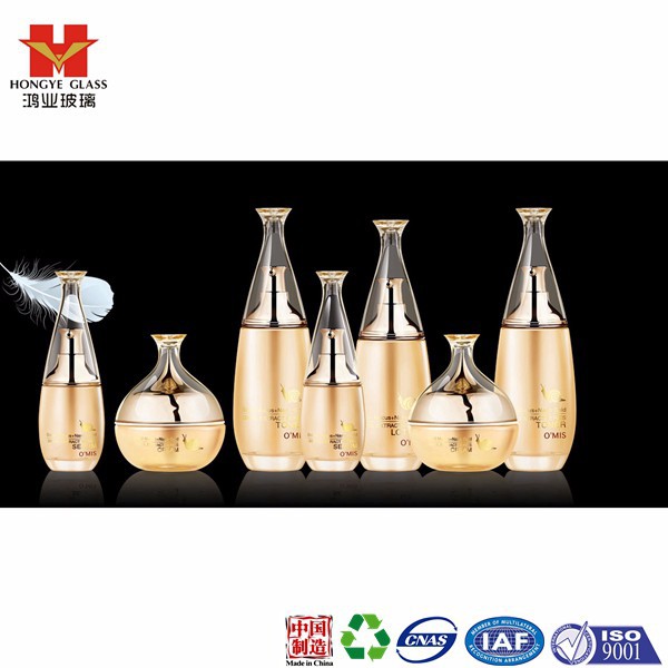 Luxury packaging gradient golden color empty cosmetic sets spray glass bottle with pump HY1103