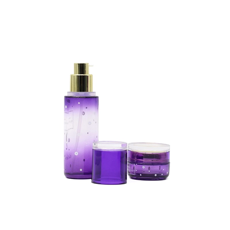 Luxury purple cosmetic glass jar and bottle set with plastic cap