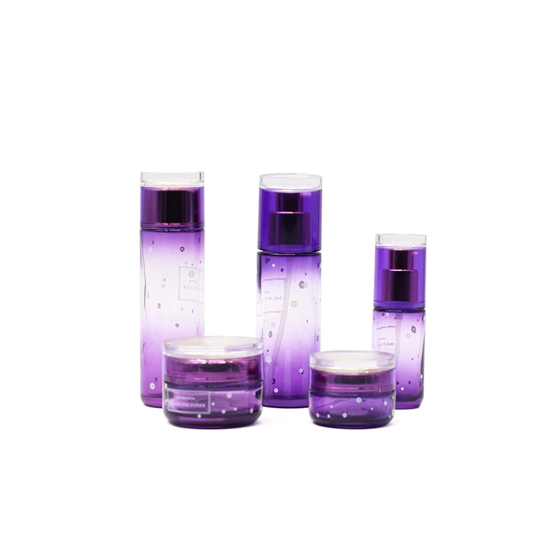 Luxury purple cosmetic glass jar and bottle set with plastic cap