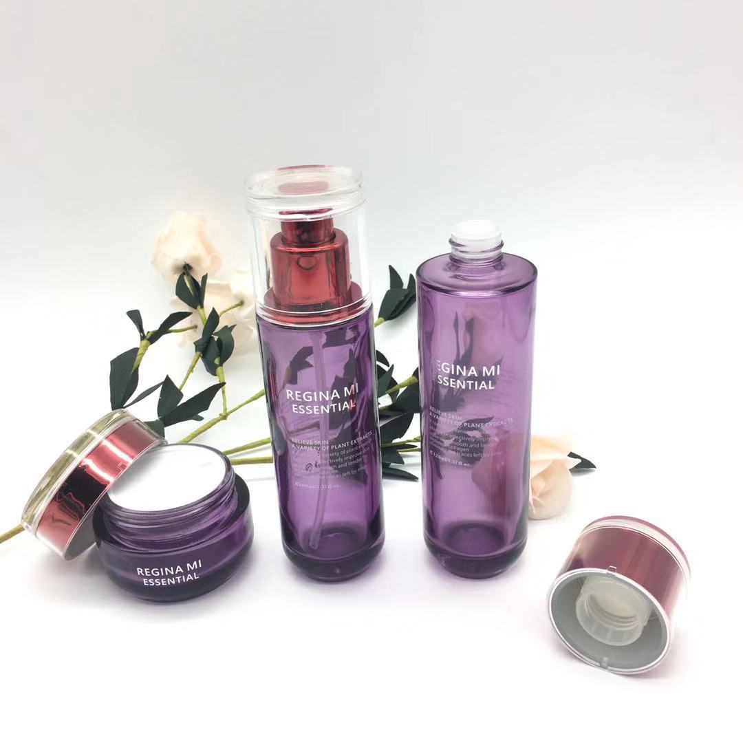 Luxury purple skin care glass lotion bottle and jars empty cosmetic packaging set