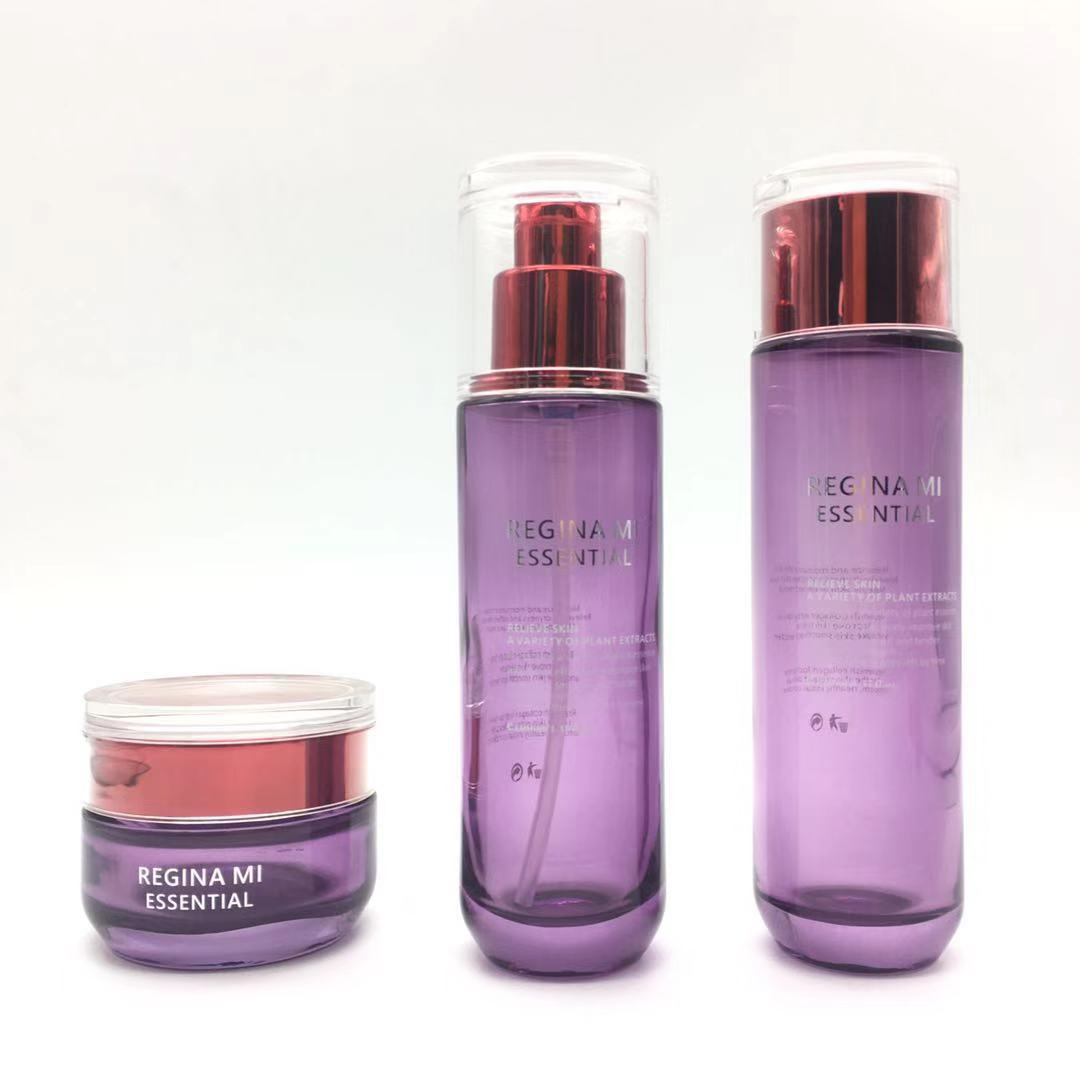 Luxury purple skin care glass lotion bottle and jars empty cosmetic packaging set
