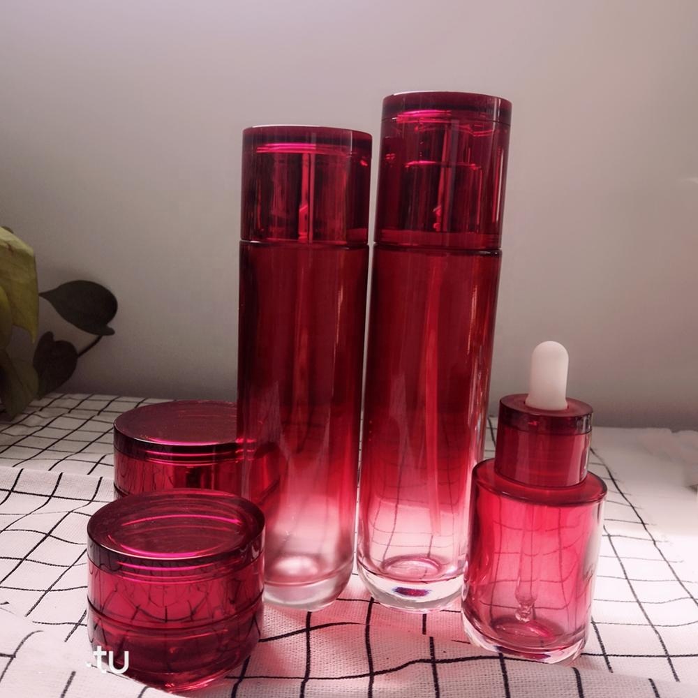 Luxury purple skin care glass lotion bottle and jars empty cosmetic packaging set