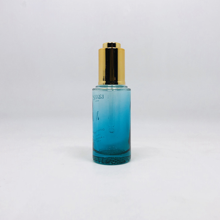 Luxury push button cosmetic serum packaging 20 ml 30 ml face eye blue glass press pump dropper cosmetic serum bottle