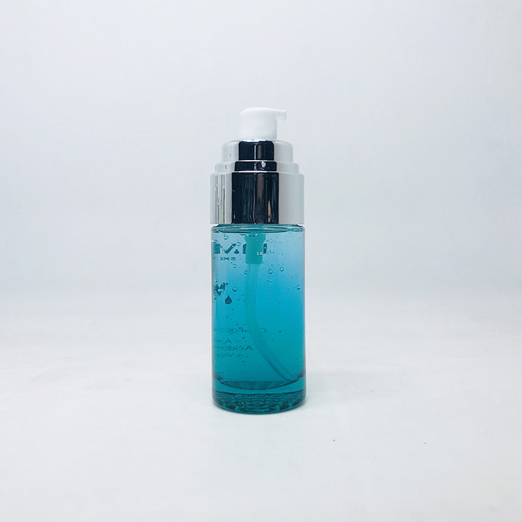 Luxury push button cosmetic serum packaging 20 ml 30 ml face eye blue glass press pump dropper cosmetic serum bottle