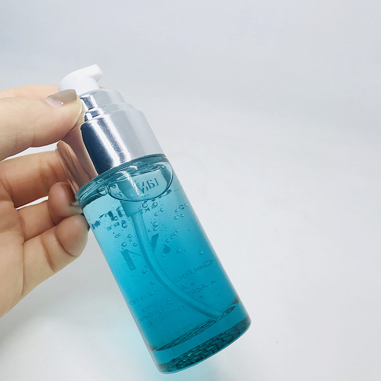Luxury push button cosmetic serum packaging 20 ml 30 ml face eye blue glass press pump dropper cosmetic serum bottle