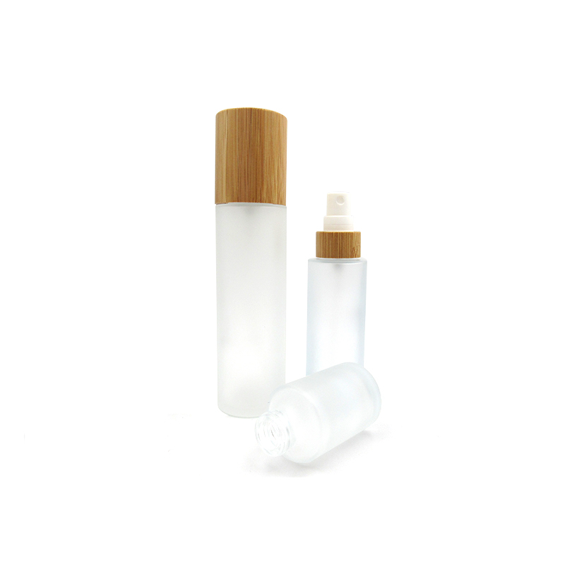 Luxury round cosmetic container clear frosted glass bottle 100ml 120ml with bamboo pump cosmetic jars 50g 100g with bamboo lid