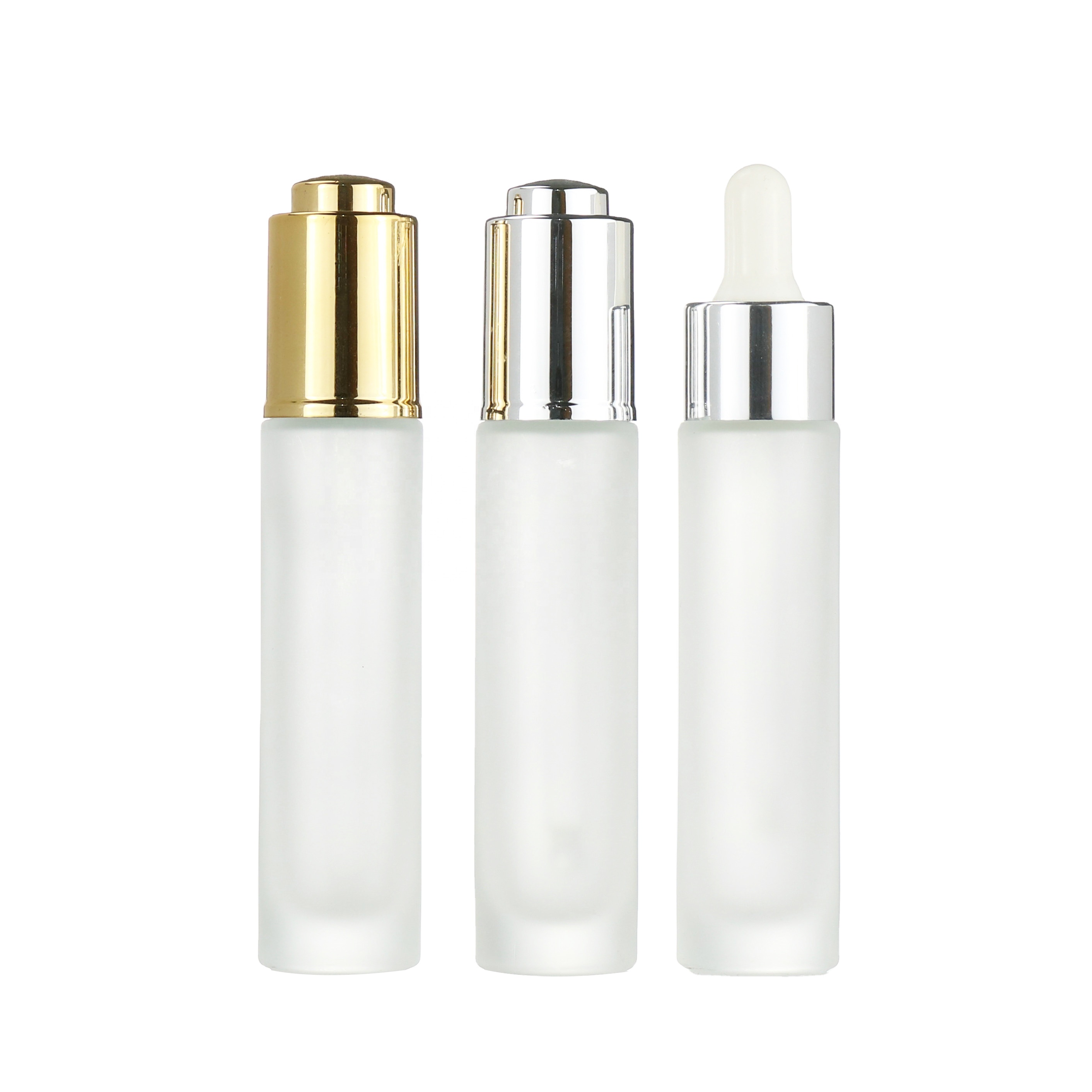Luxury round empty frosted silver serum push button unique essential oil dropper 30ml serum cosmetic glass dropper serum bottle