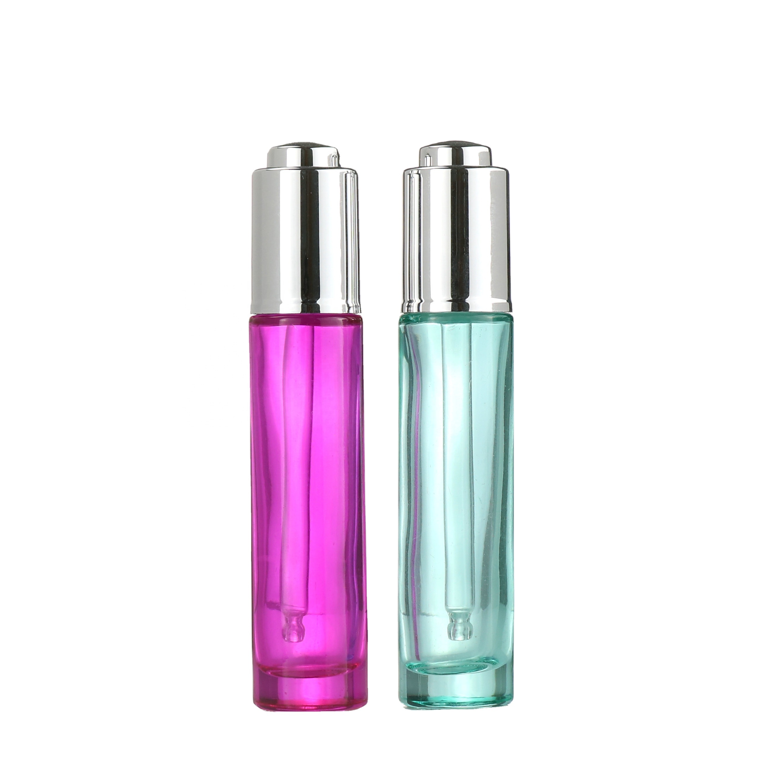 Luxury round empty frosted silver serum push button unique essential oil dropper 30ml serum cosmetic glass dropper serum bottle