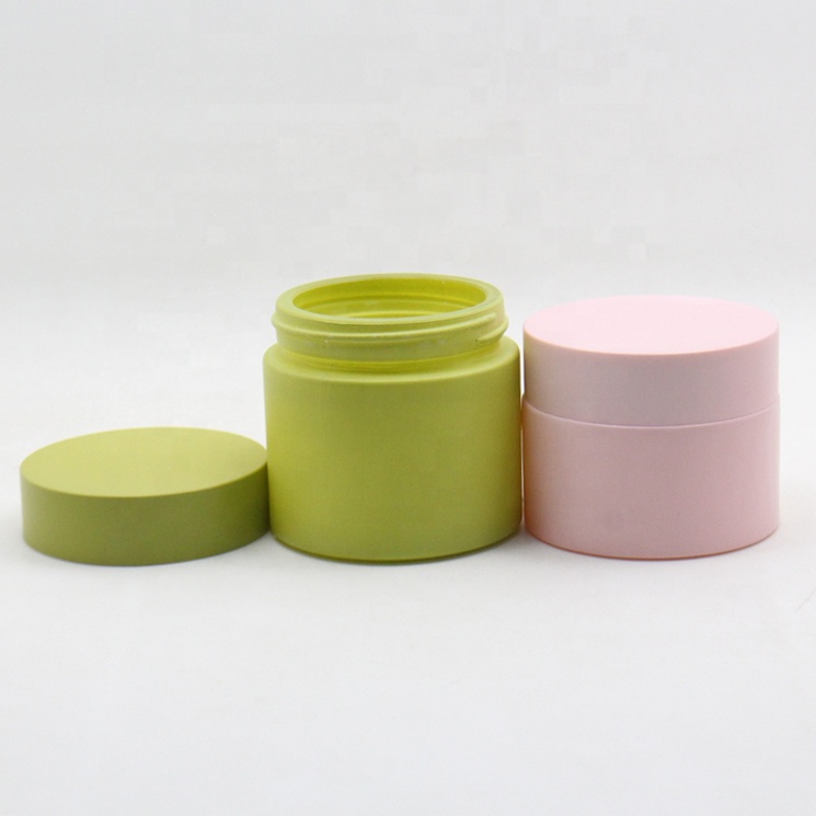Luxury round wide mouth 50g 100g frosted green pink opaque painted cream glass cosmetic jar