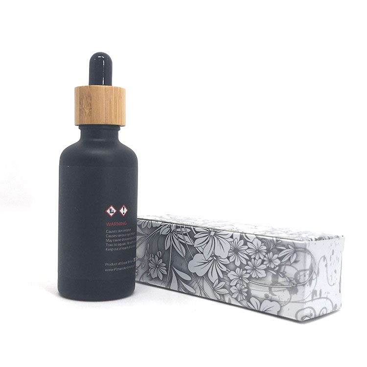 Luxury serum 50ml black frosted bamboo lid glass bottle with paper tube