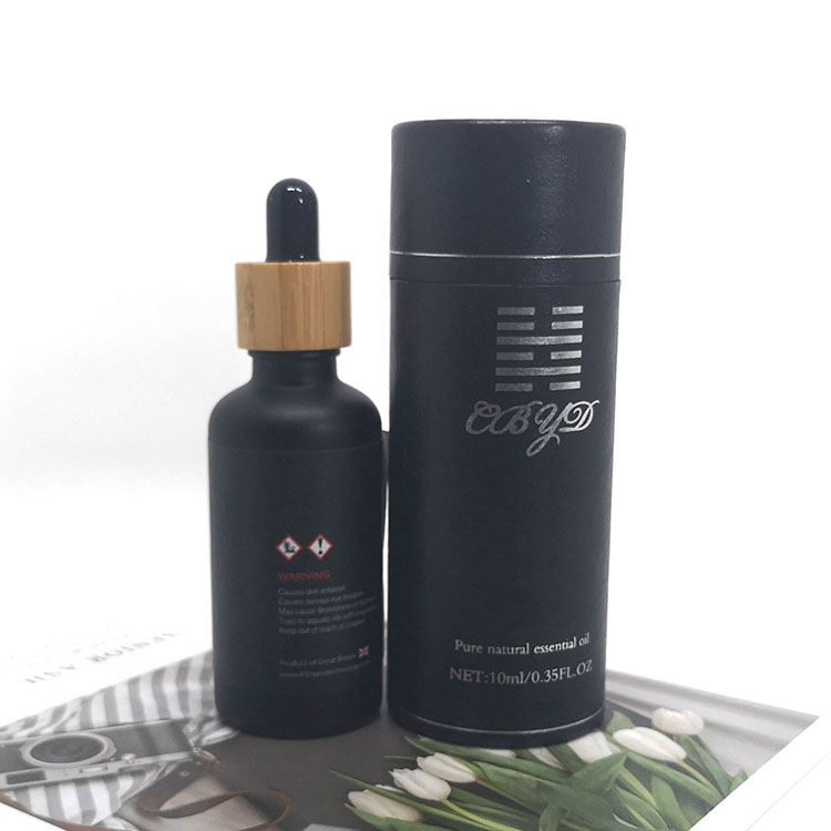 Luxury serum 50ml black frosted bamboo lid glass bottle with paper tube