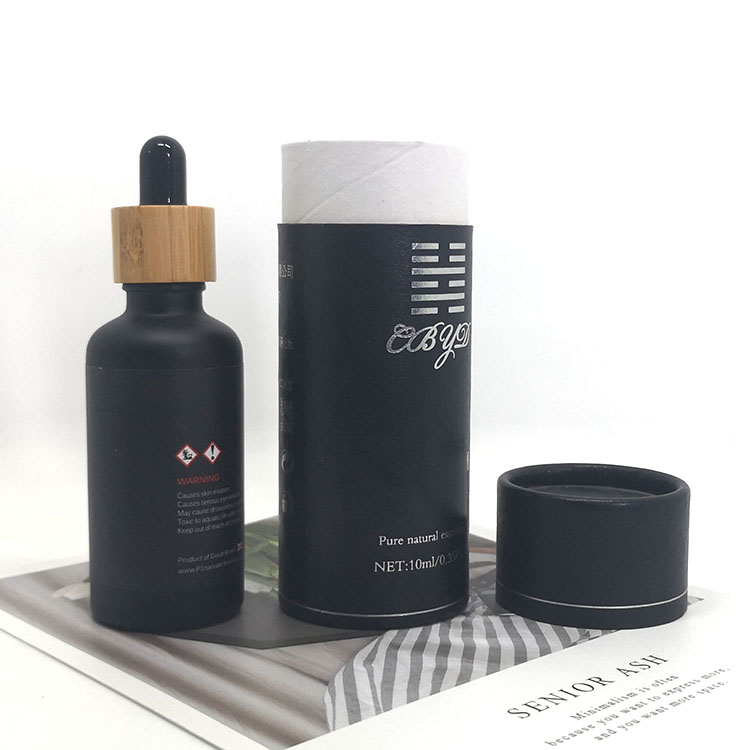 Luxury serum 50ml black frosted bamboo lid glass bottle with paper tube