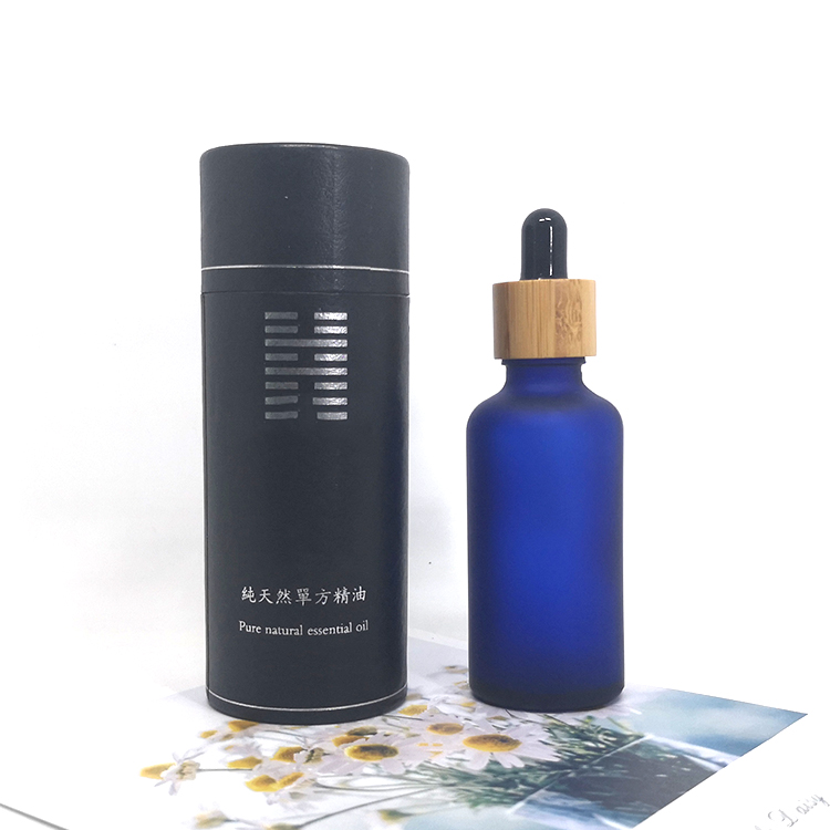 Luxury serum 50ml black frosted bamboo lid glass bottle with paper tube