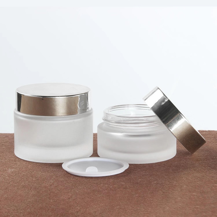 Luxury set frosted glass spray/ lotion bottle and cream jar cosmetic package set with light silver cap