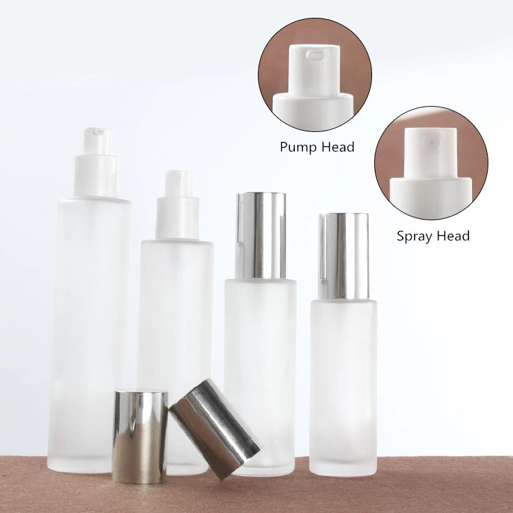 Luxury set frosted glass spray/ lotion bottle and cream jar cosmetic package set with light silver cap