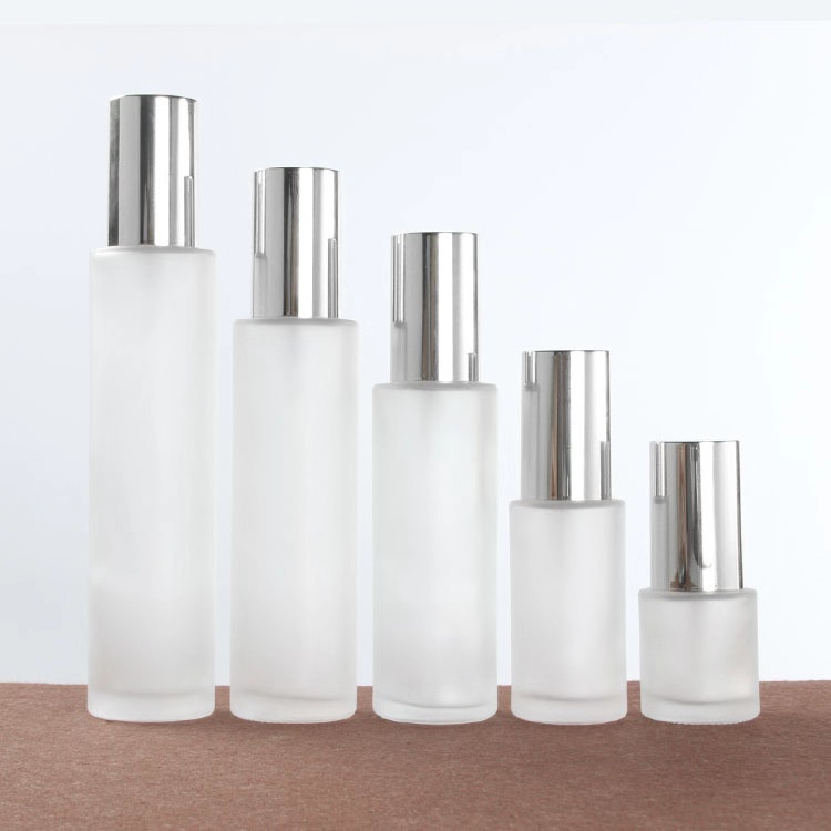 Luxury set frosted glass spray/ lotion bottle and cream jar cosmetic package set with light silver cap