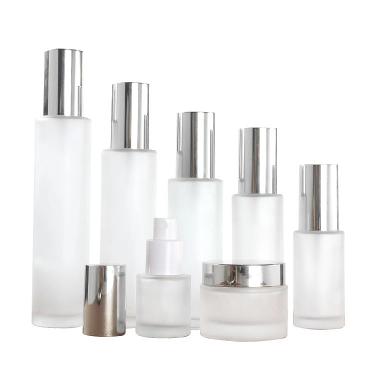 Luxury set frosted glass spray/ lotion bottle and cream jar cosmetic package set with light silver cap