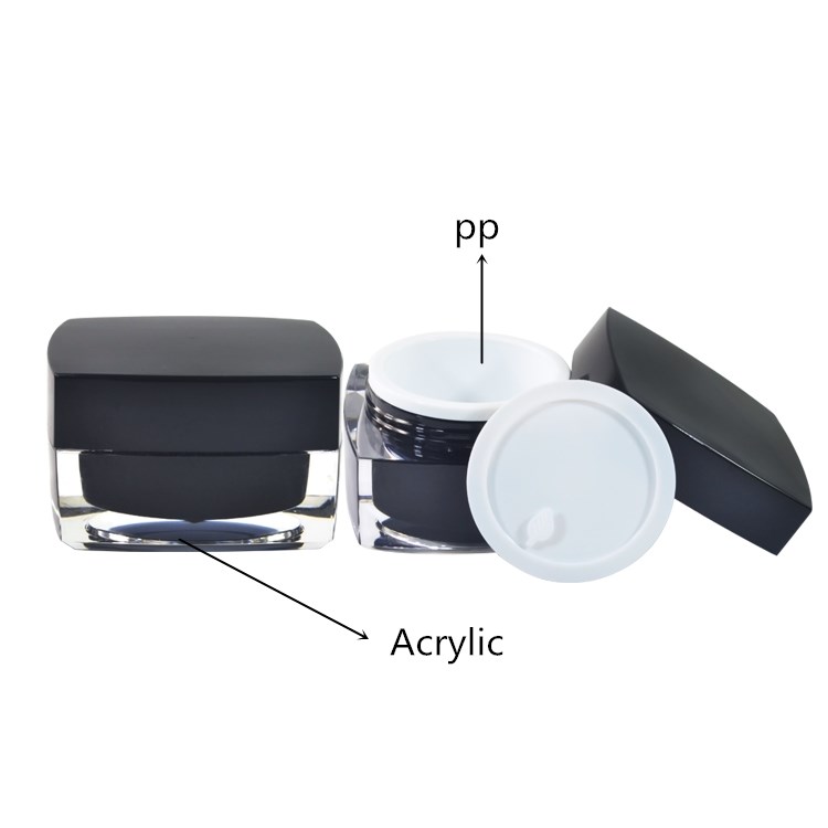 Luxury skin care cream and lotion container 5g 10g 15g 20g 30g 50gblack square double wall acrylic cosmetic jar with pp inner