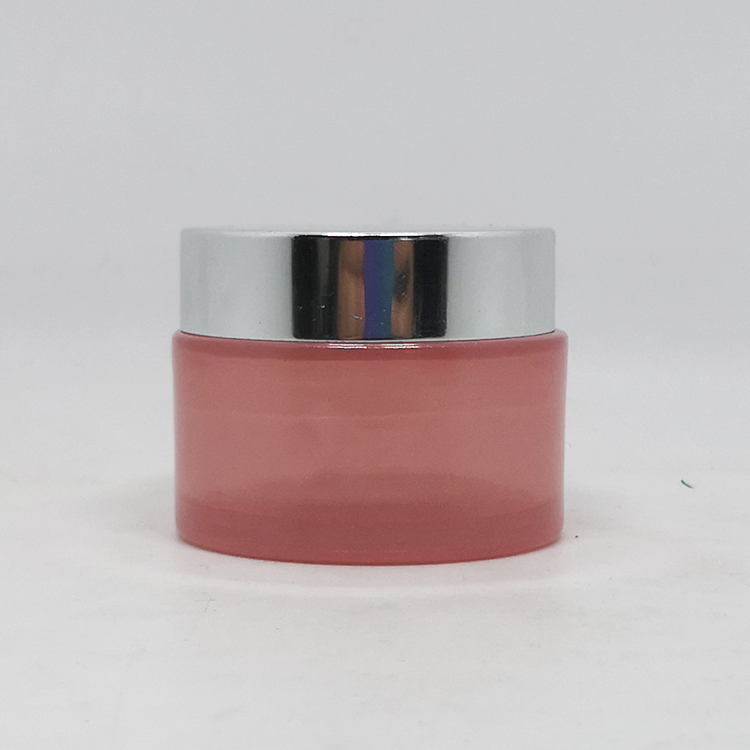 Luxury skincare body cream container packaging round 20ml 30ml 50ml pink glass cosmetic jar with metal lid