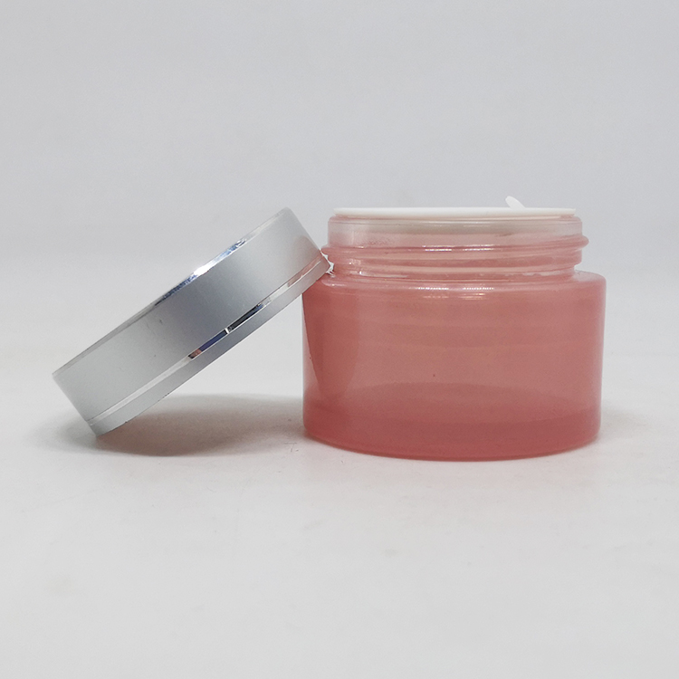 Luxury skincare body cream container packaging round 20ml 30ml 50ml pink glass cosmetic jar with metal lid