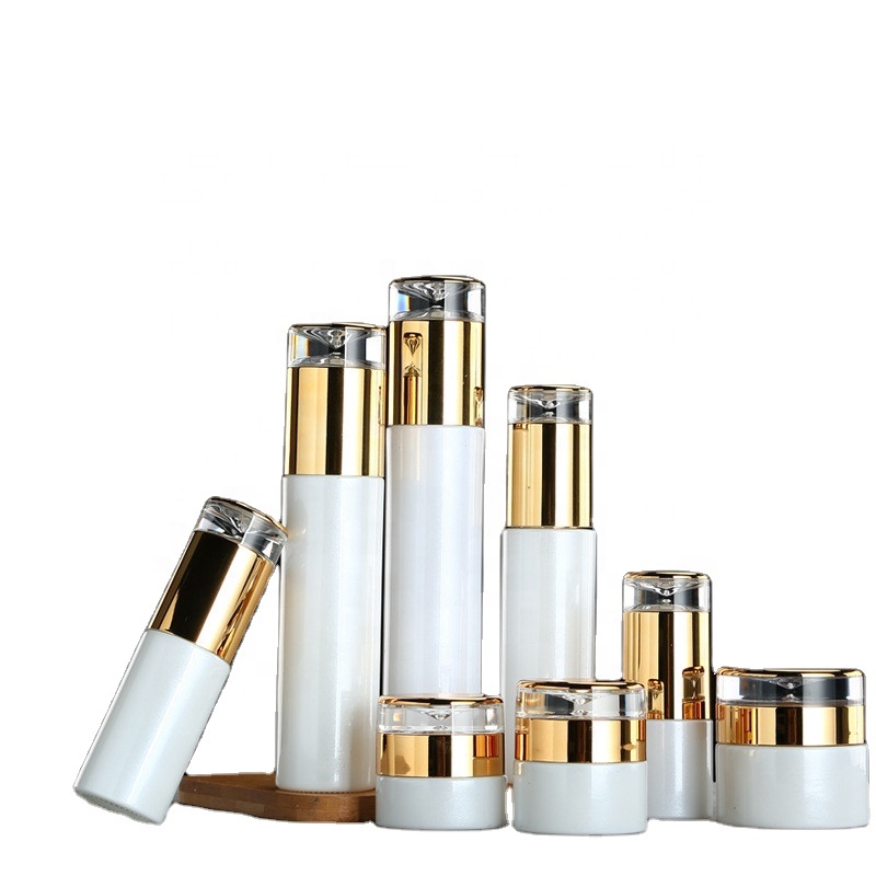 Luxury skincare packaging gold cap white bottle 20ml 30ml 40ml 50ml 60ml 80ml and 20g 30g 50g jars