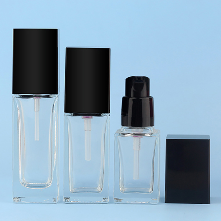 Luxury square cosmetic clear glass pump bottle 30 ml 15ml for BB cream liquid foundation