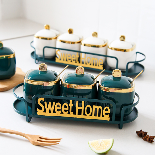 Luxury style kitchen decorative gold rim decor ceramic spice pots with stand