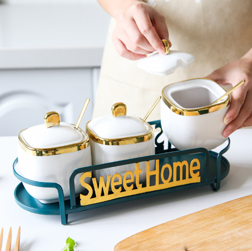 Luxury style kitchen decorative gold rim decor ceramic spice pots with stand