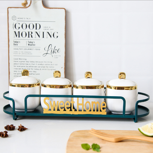 Luxury style kitchen decorative gold rim decor ceramic spice pots with stand