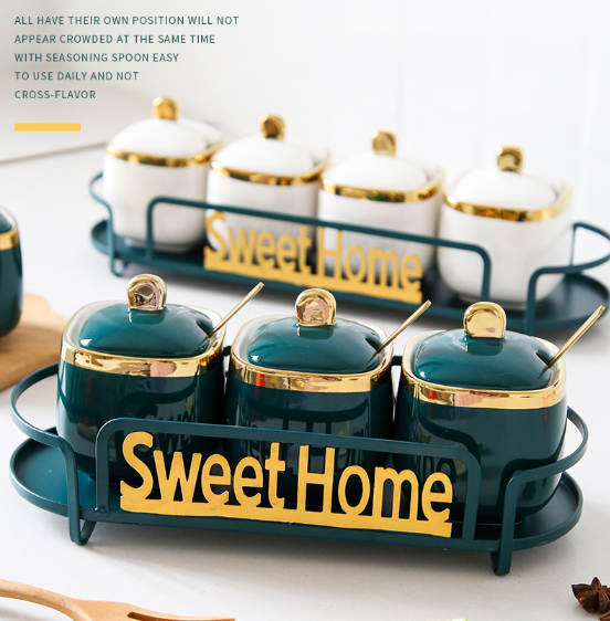 Luxury style kitchen decorative gold rim decor ceramic spice pots with stand