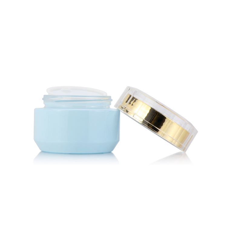 Luxury wholesale 50g blue custom cosmetic glass cream jar skincare container with gold lip