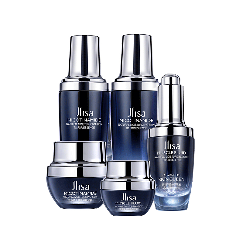Luxury wholesale dark blue cosmetic glass lotion bottles with gold pump