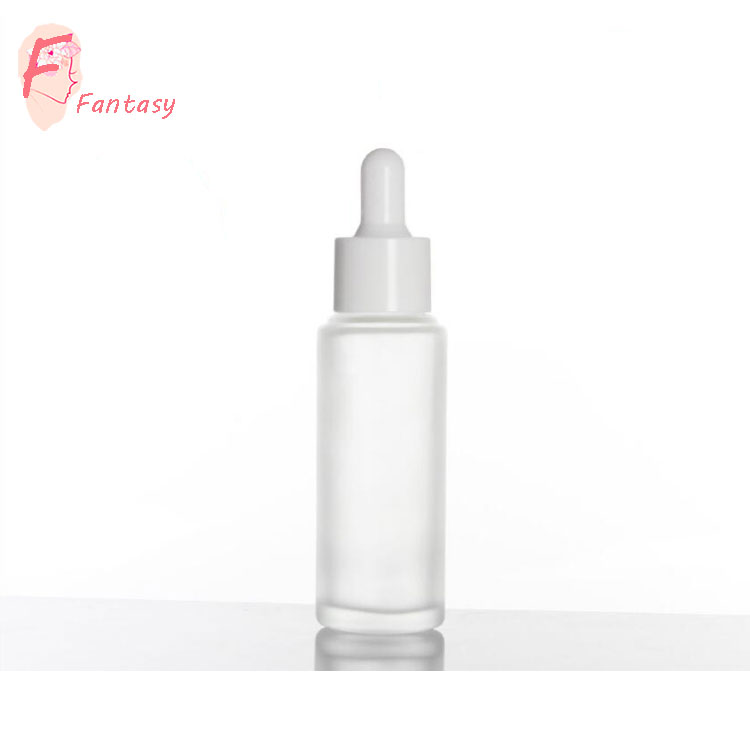 MOQ 300 luxury 30ml transparent essence oil glass bottle with aluminum press pipette dropper