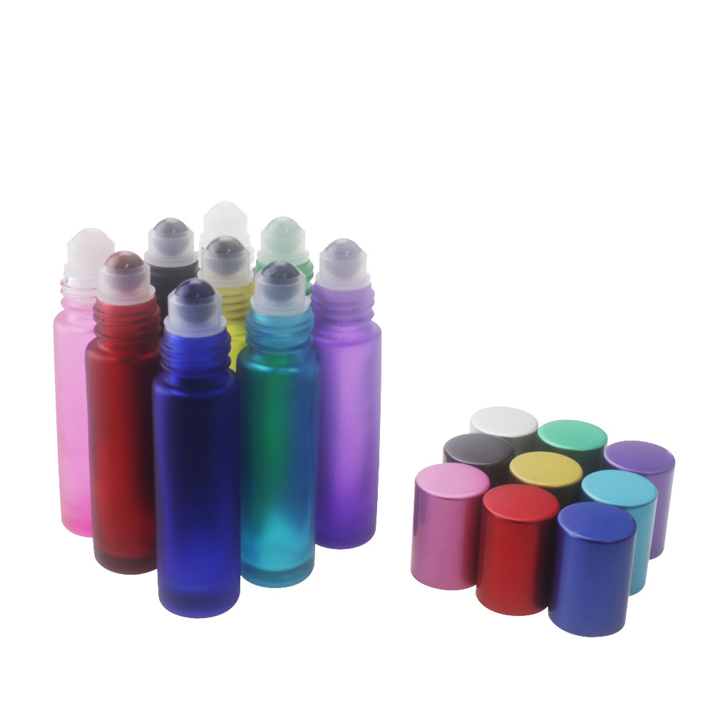 MUB 10ml Frosted Colored Gemstone Roller Bottle Empty Refillable Roll On Glass Bottles With Gemstone Roller Balls
