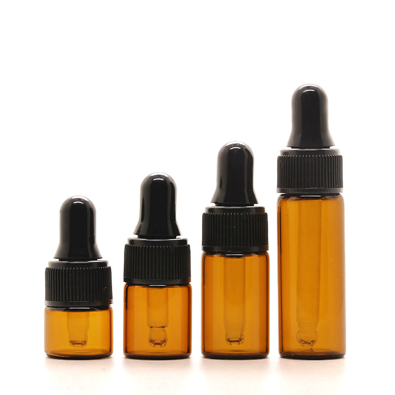 MUB 1ml 2ml 3ml 5ml Amber Glass Dropper Bottle Refillable Glass Essential Oil Bottle With Black Plastic Cap Rubber Dropper