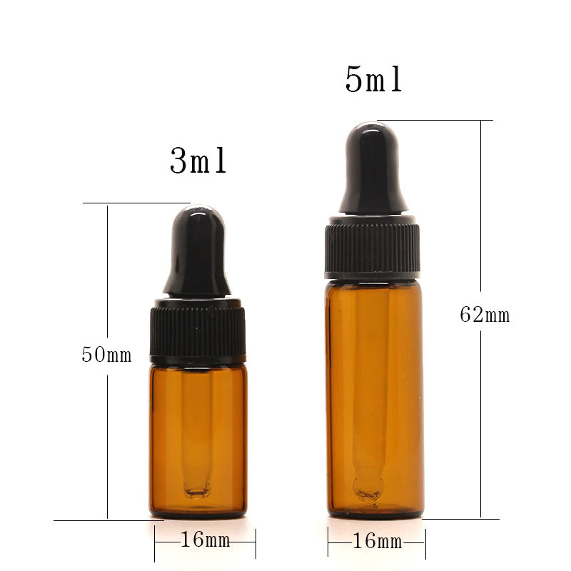 MUB 1ml 2ml 3ml 5ml Amber Glass Dropper Bottle Refillable Glass Essential Oil Bottle With Black Plastic Cap Rubber Dropper