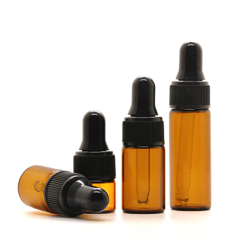 MUB 1ml 2ml 3ml 5ml Amber Glass Dropper Bottle Refillable Glass Essential Oil Bottle With Black Plastic Cap Rubber Dropper