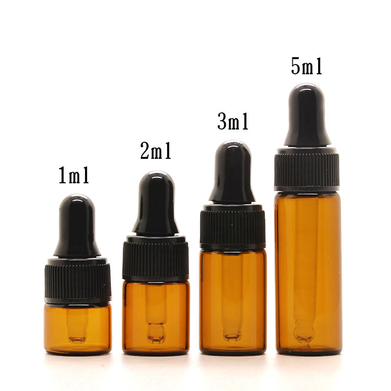 MUB 1ml 2ml 3ml 5ml Amber Glass Dropper Bottle Refillable Glass Essential Oil Bottle With Black Plastic Cap Rubber Dropper