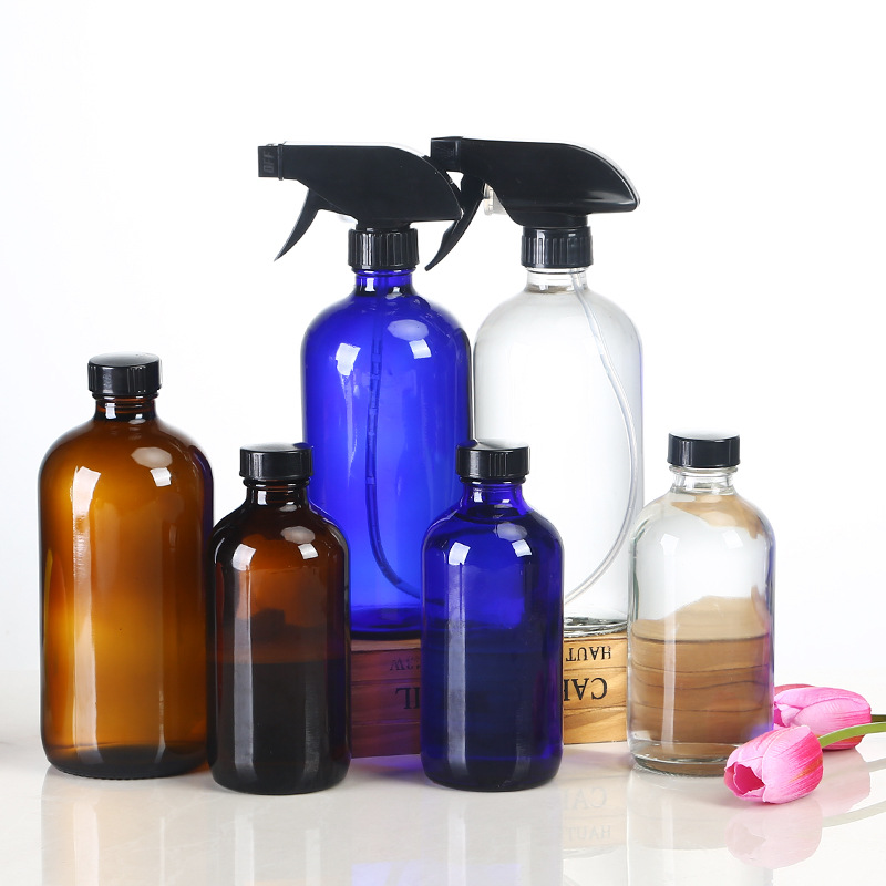 MUB 250ml 500ml Amber Blue Clear Glass Bottles Empty Refillable Essential Oil Glass Bottles With Black Trigger Spray Pumps