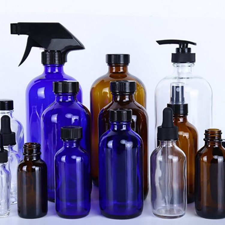 MUB 250ml 500ml Amber Blue Clear Glass Bottles Empty Refillable Essential Oil Glass Bottles With Black Trigger Spray Pumps