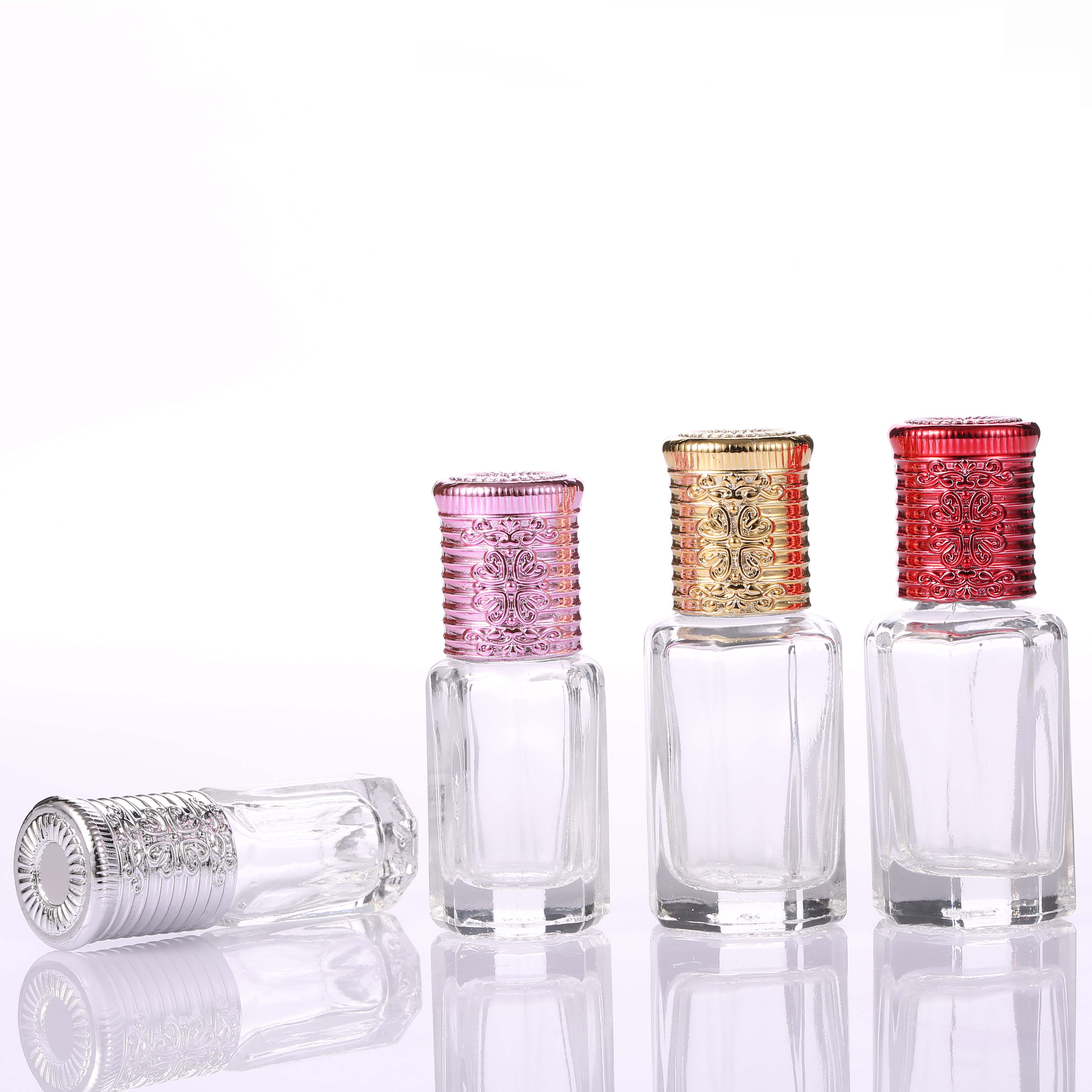 MUB 3ml/6ml/10ml/ 12ml Latest Octagonal Attar Empty Glass Bottle Luxury Fancy Roll On Essential oil Bottle Metal Cap