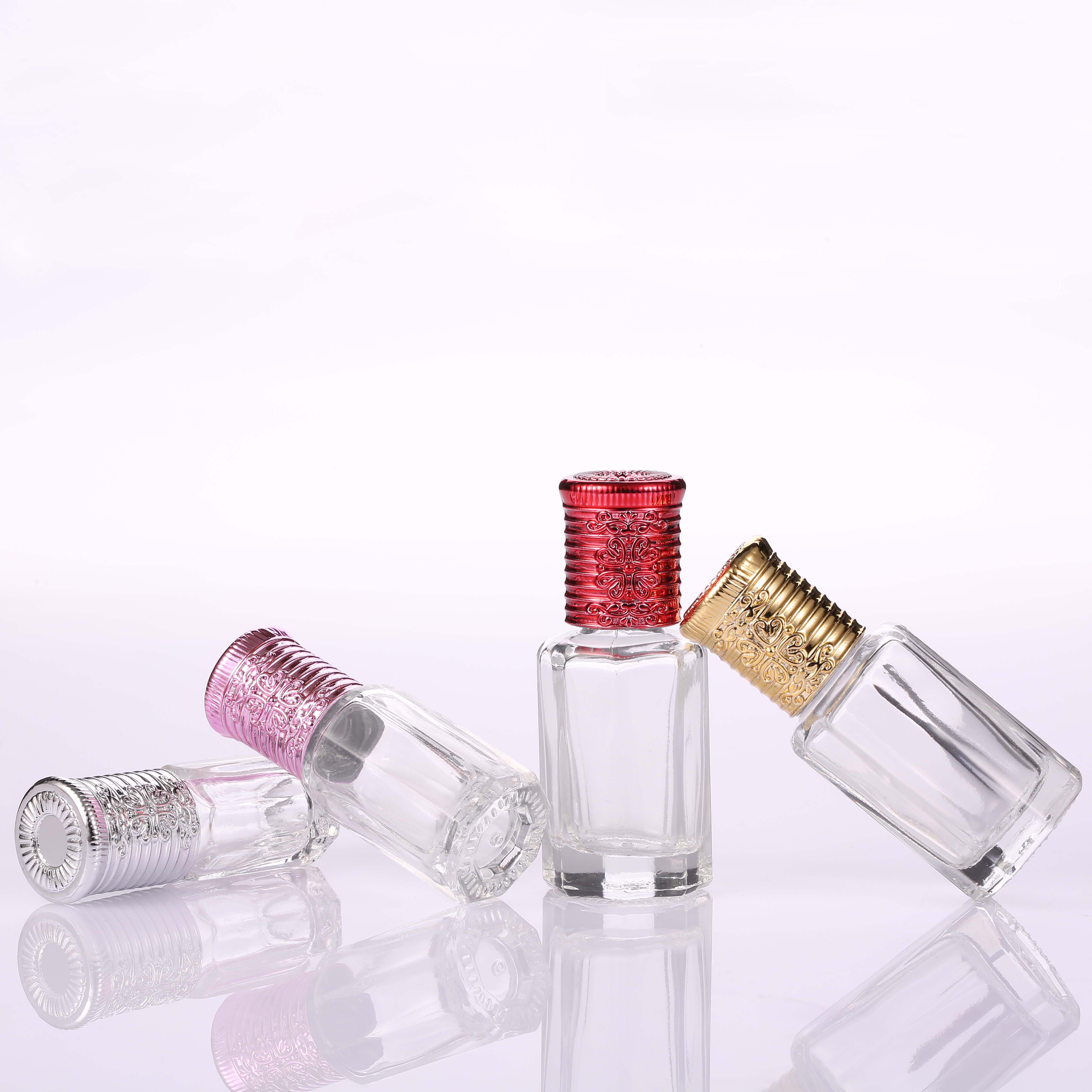 MUB 3ml/6ml/10ml/ 12ml Latest Octagonal Attar Empty Glass Bottle Luxury Fancy Roll On Essential oil Bottle Metal Cap